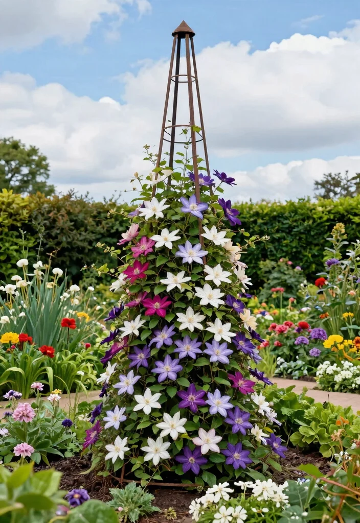 15 Trellis for Clematis Ideas That Handle Full Weight at Bloom - 8. Decorative Garden Obelisks 1